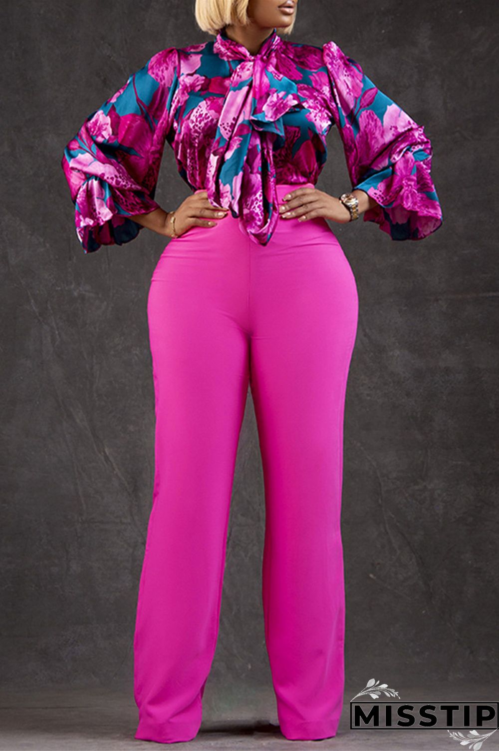 Rose Red Casual Print Patchwork O Neck Long Sleeve Two Pieces