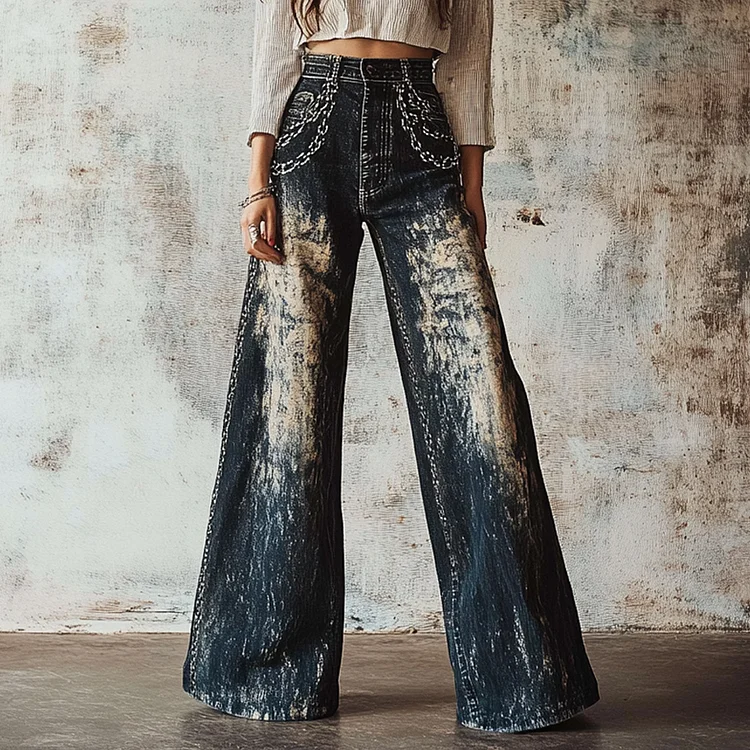 Vintage 90s Tie-dye Chain-decorated Denim Print Wide-leg Flared Trousers Casual Pants