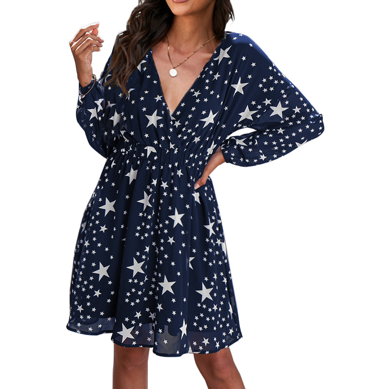 Fashion Printed Mesh Sleeve V-Neck Long Sleeve Casual Dress