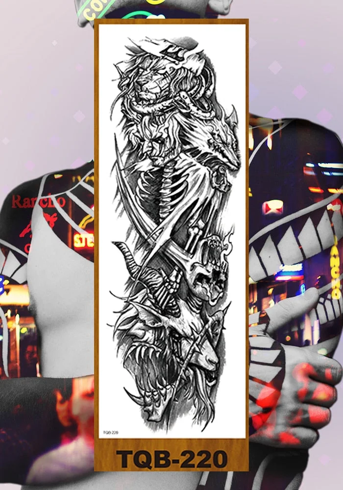 Full Flower Arm Temporary Tattoo Sticker Man Woman Body Leg Fake Tatoo Skull Night Demon Grim Reaper Good and Evil Waterproof