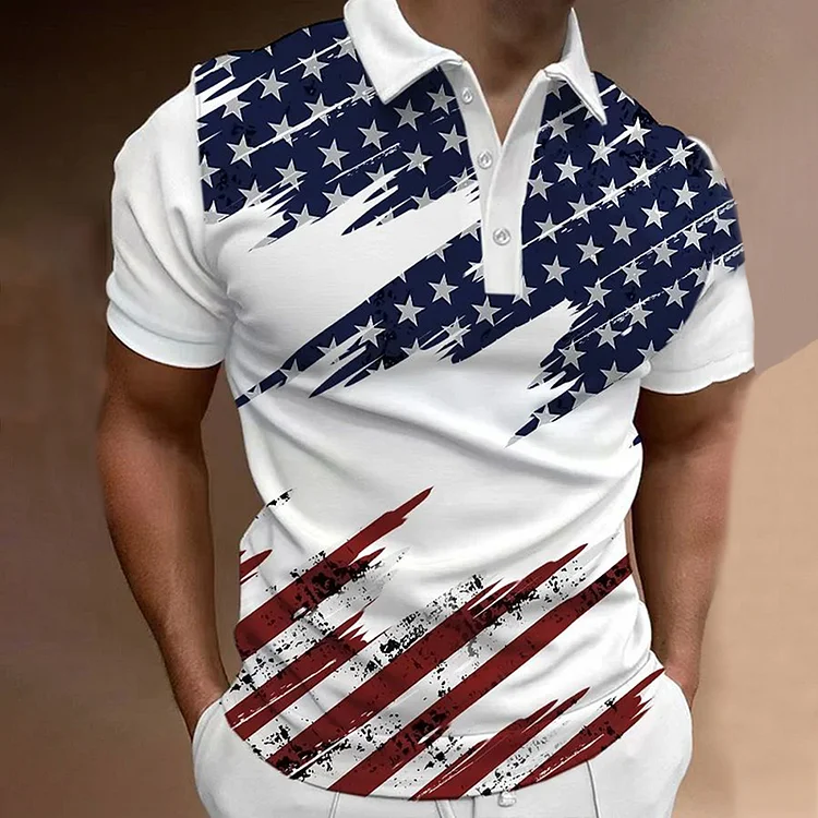 VChics Men's American Flag Print Short Sleeved Polo Shirt