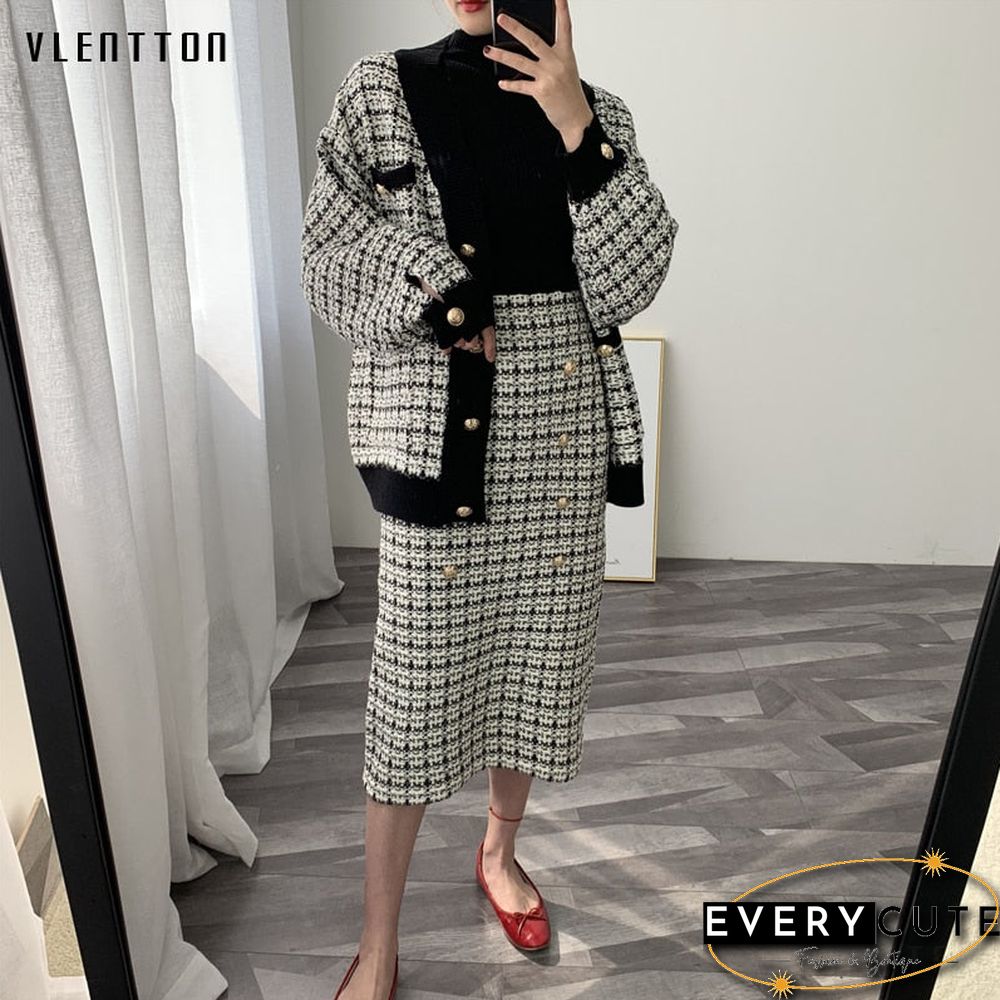 Spring Autumn Vintage Plaid Tweed Knitted Midi Skirt Womens Metal Button Elegant Office
