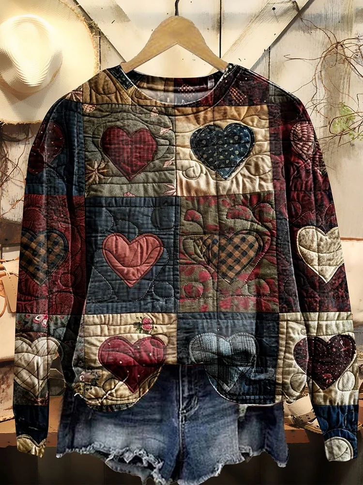 Women's Vintage Heart Patchwork Art Print Casual Crew Neck Sweatshirt