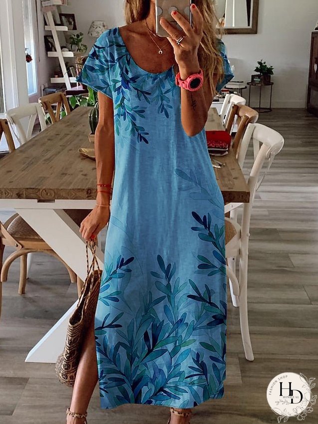 Casual Dress Summer Dress Print Dress Leaf Split Print Crew Neck Long Dress Maxi Dress Fashion Streetwear Outdoor Daily Short Sleeve Regular Fit White Yellow Blue Summer S M L XL XXL for Women