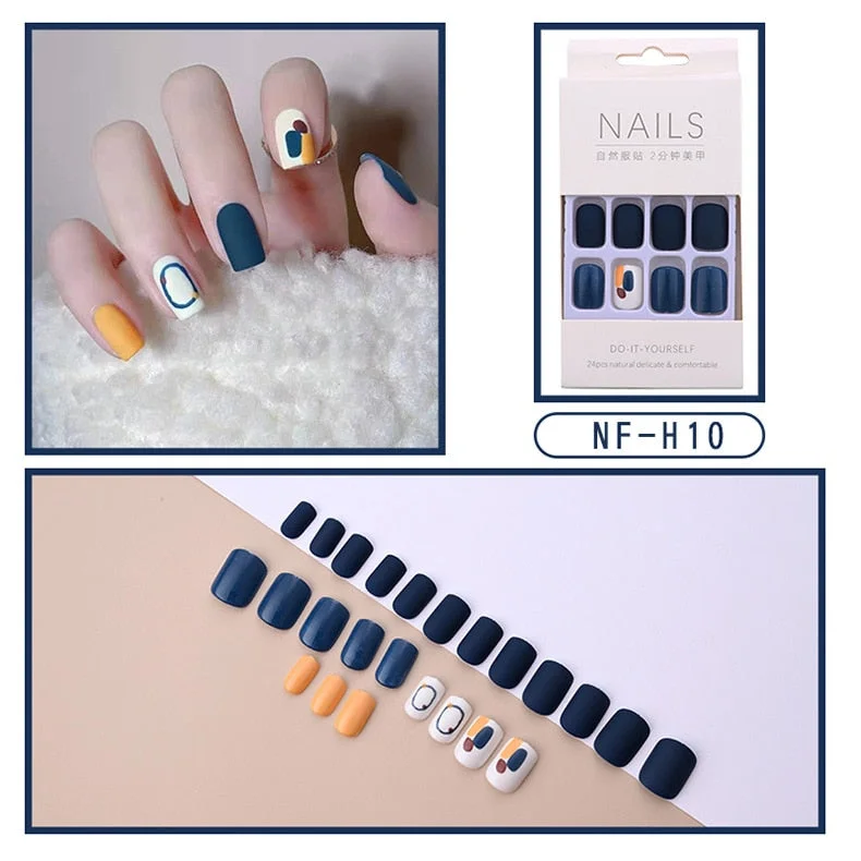 Fashion 24pc/set French Styel Press On False Nail Tips 10 Sizes Fake Nails Full Cover Nail Tips With Nail Adhesive Tab Sticker-Nail Inspo