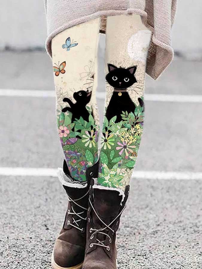 Casual Cat And Flower Butterfly Print Leggings