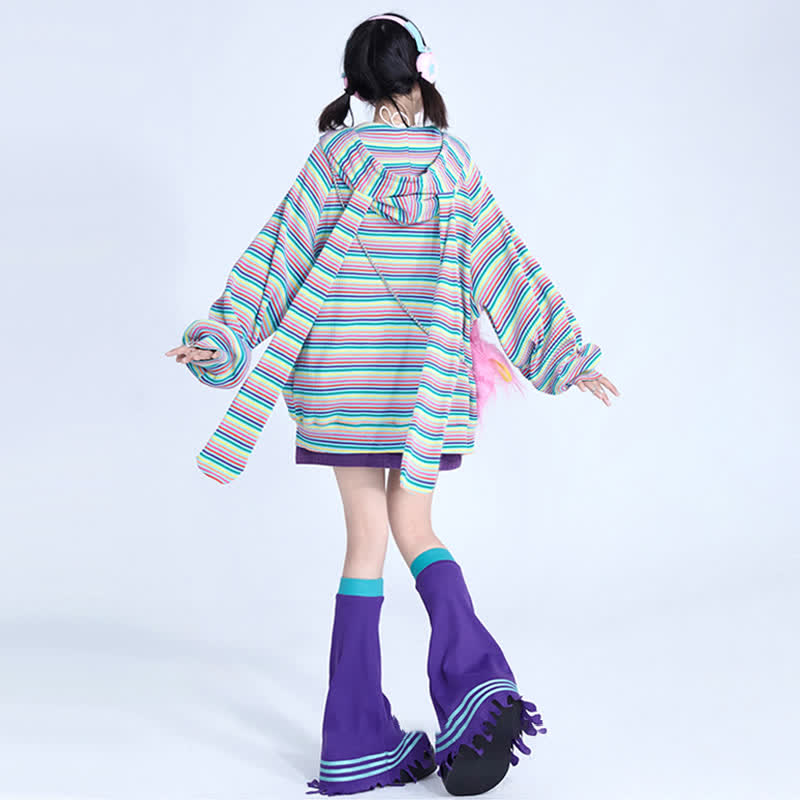 Long Bunny Ears Pocket Oversize Zipper Hooded Sweatshirt