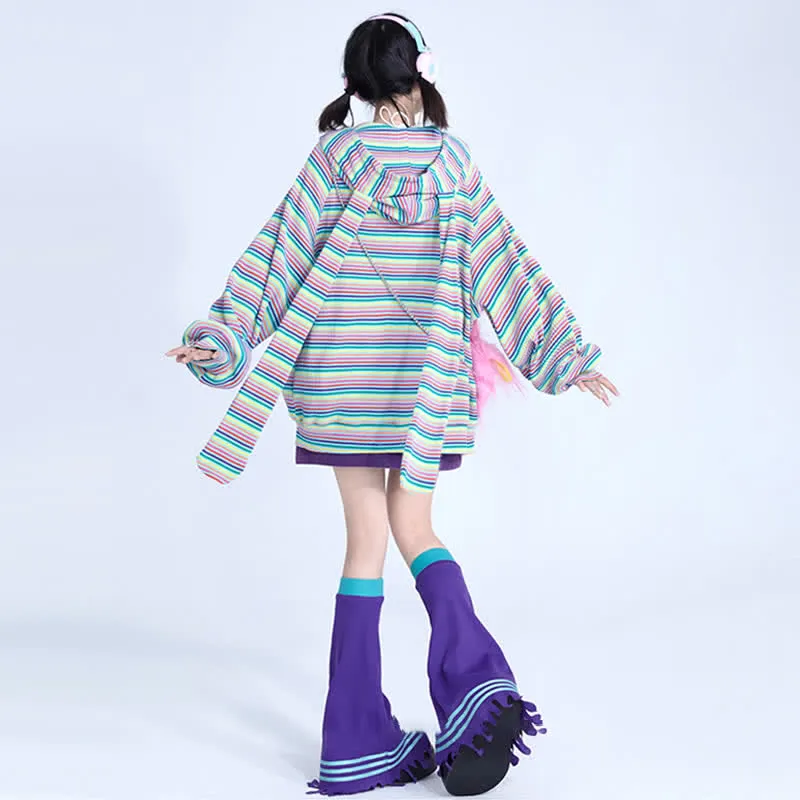 Long Bunny Ears Pocket Oversize Zipper Hooded Sweatshirt