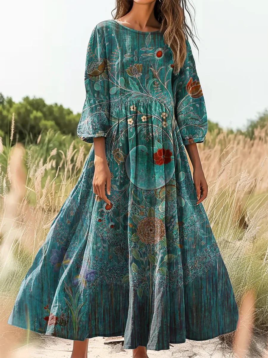 Women's Floral Print Flowy Cotton Crew Neck Dress