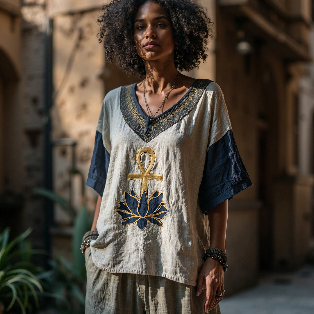 Ankh Ancient Egyptian Lotus Embroidered Contrast Linen T-shirt