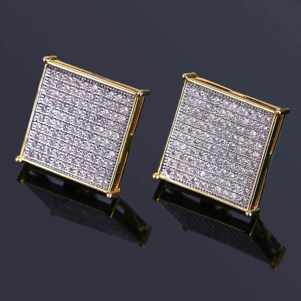 18MM Micro Paved CZ Iced Out Square Stud Men Earrings Jewelry-VESSFUL