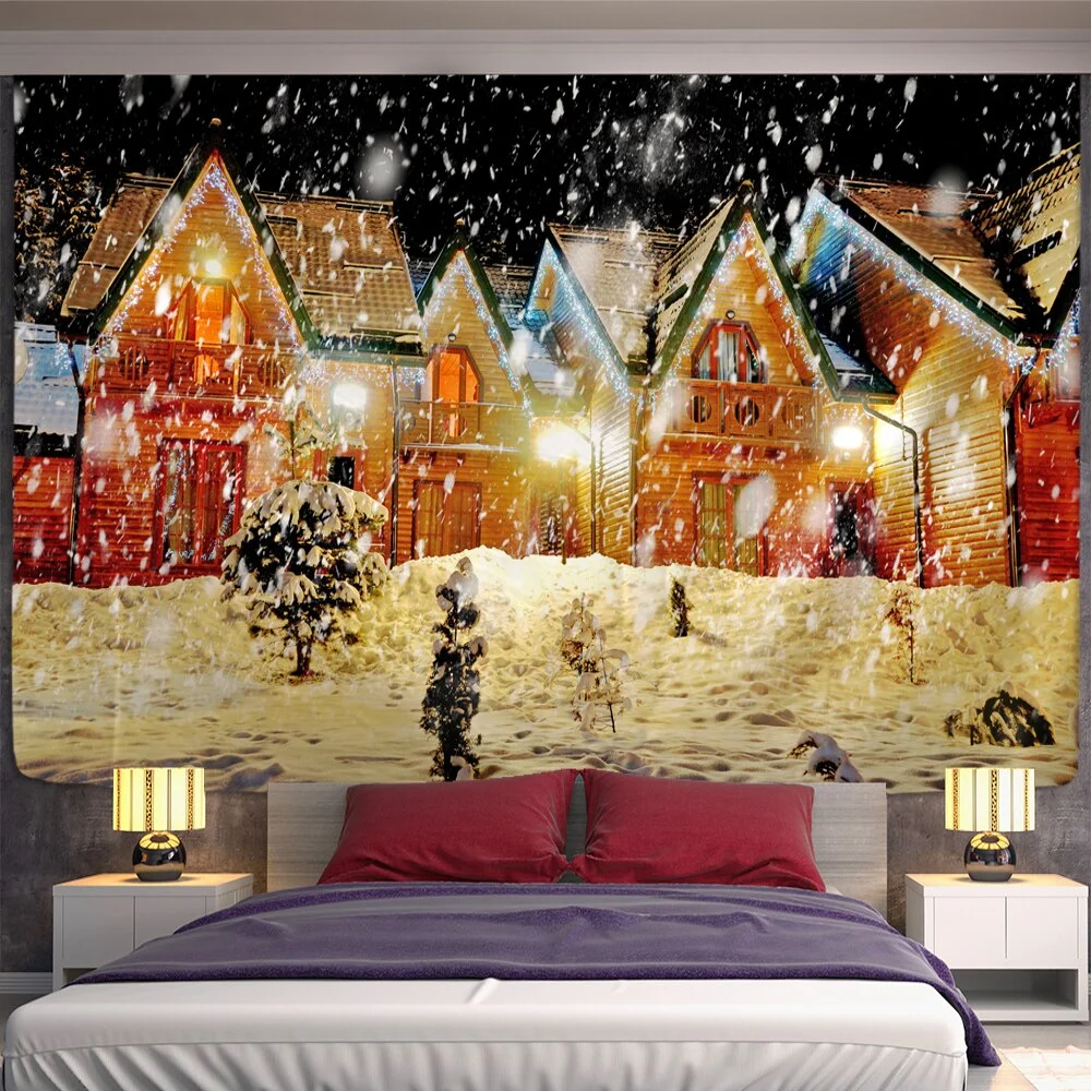 Christmas Fireplace And Snow Wall Hanging Merry Christmas Tapestry For Home Deco Christmas Gift Print Tapestries