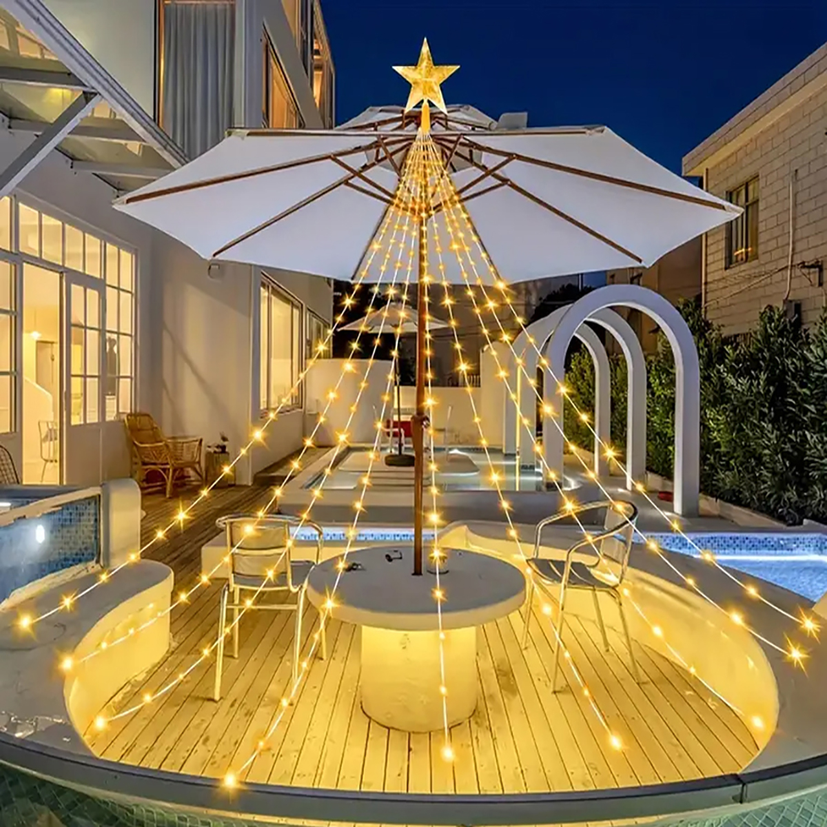 Tegooe Solar Christmas Tree Waterfall Star String Lights - 8 Modes Outdoor Decoration