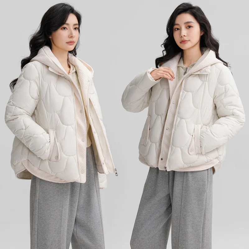 Woherb Cotton Jacket Women's Fake Two Short Hooded Winter Cotton-Padded Jacket 2024 New Loose Small Down Padded Coat Tide-Outfit Ideas