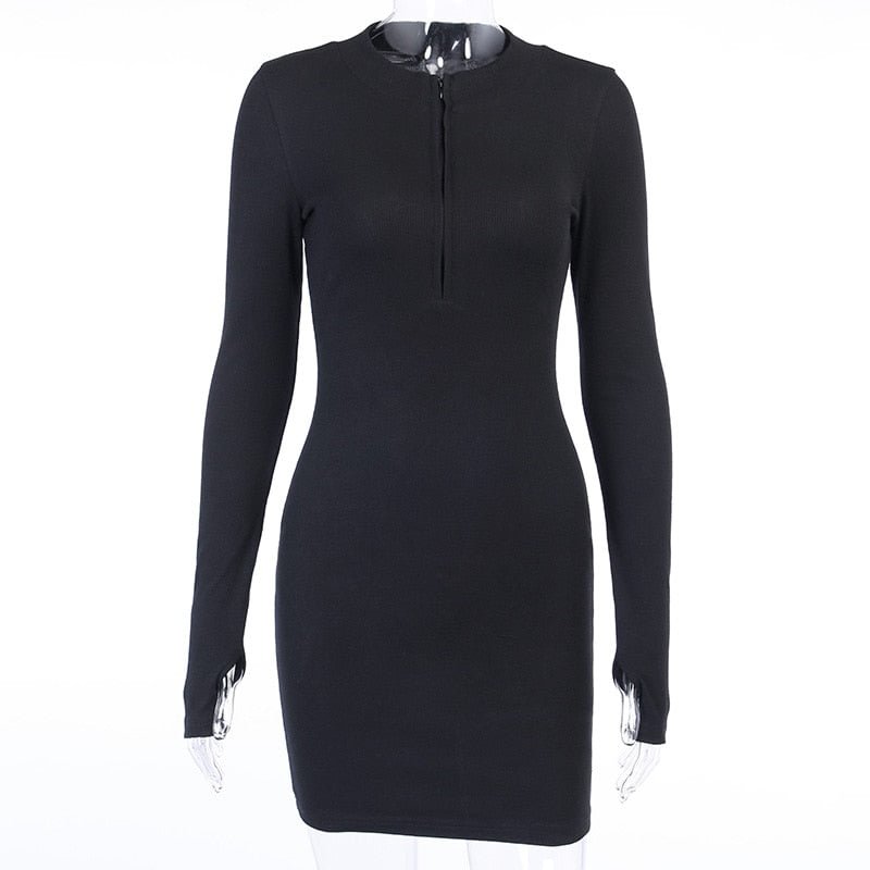 WannaThis Zipper V-Neck Bodycon Dresses Sexy Long Sleeve Black Skinny Elastic Autumn Spring New Solid Fashion Women Party Dress