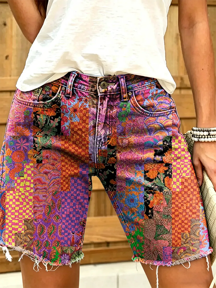 Ethnicity Patchwork Colorful Flowers Women's Art Print Casual Denim Shorts