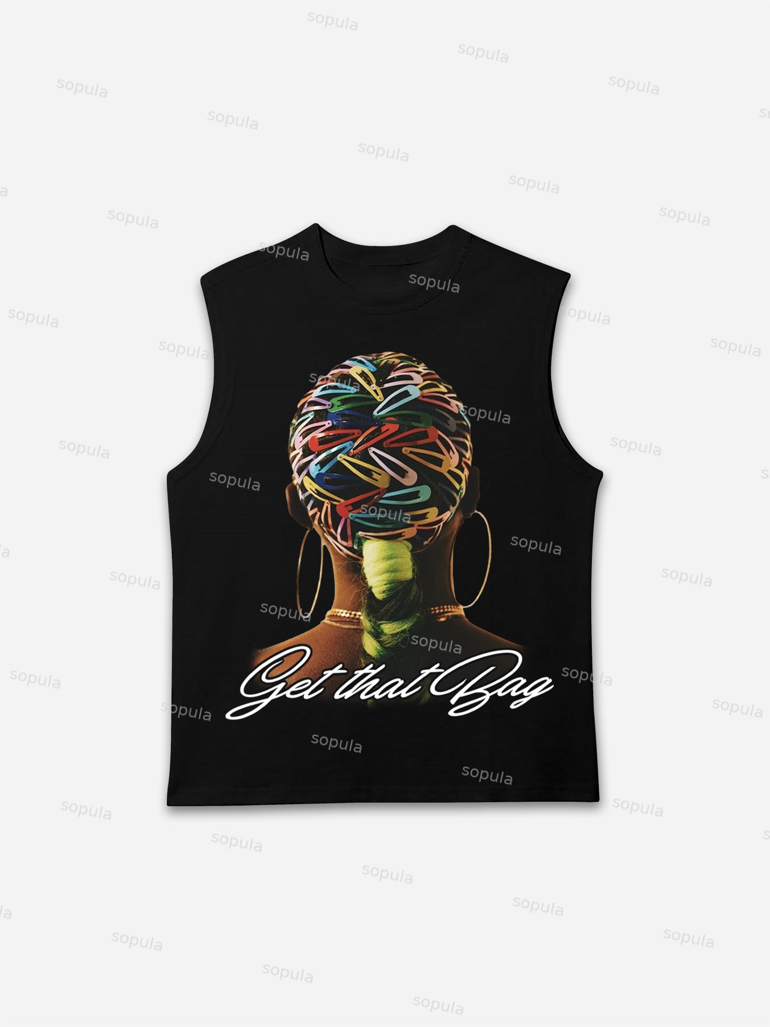 Get That Bag Colorful Hairpin Headpiece Portrait Graphic Tank Top - Sopula｜Premium Graphic Tees & Graphic Clothing