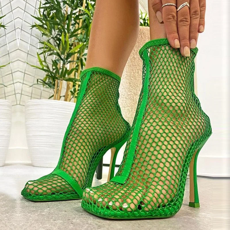 Black Green Nets Mesh Hollow Out Ankle Boots Women Sandals Fashion Square Toe Stiletto Heels Pumps Zipper Party Dance Shoes