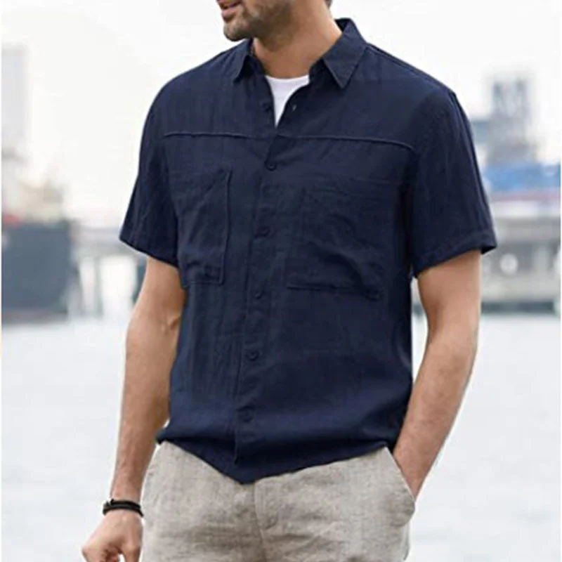 MEN'S SUMMER CASUAL BUTTON-UP SHIRTS COTTON LINEN SHORT SLEEVES TWO POCKETS WIDE COLLAR WORK SHIRTS