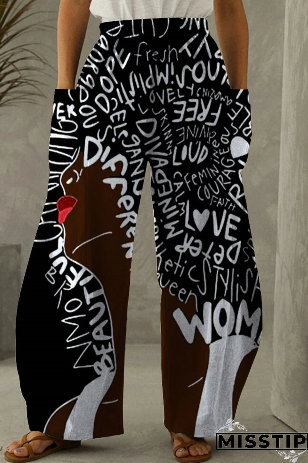 Black Yellow Fashion Casual Print Patchwork Pocket Regular High Waist Trousers