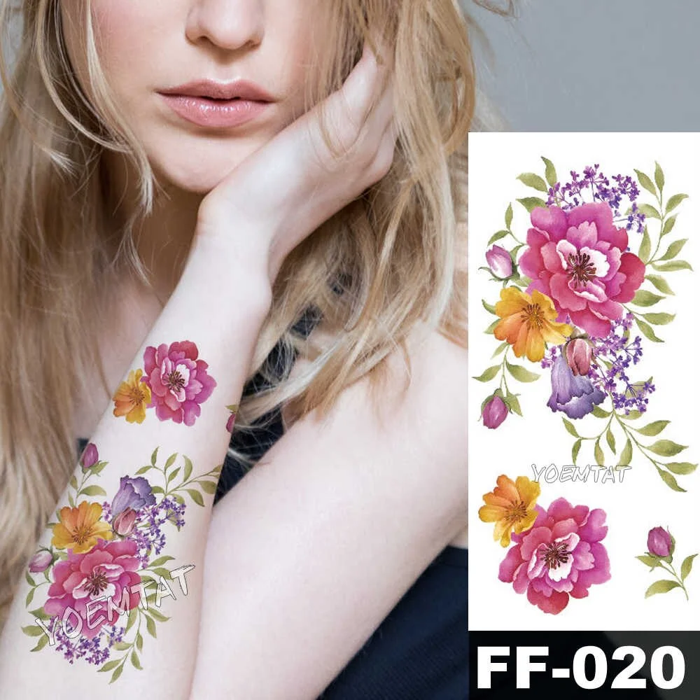 Sdrawing Flower Waterproof Fake 3D Rose Temporary Tattoos Dasiy Lily Kids Tattoo Sticker Girls Fake Arm Neck Jewels Tatoo Body Arm