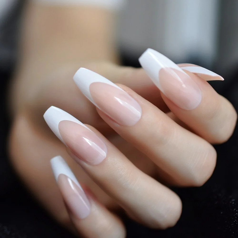 Long Coffin French Tip Fur Color Nude Faux Ongles White Smile Line Decoration Ballerina False Nails 24 Ct-Nail Inspo