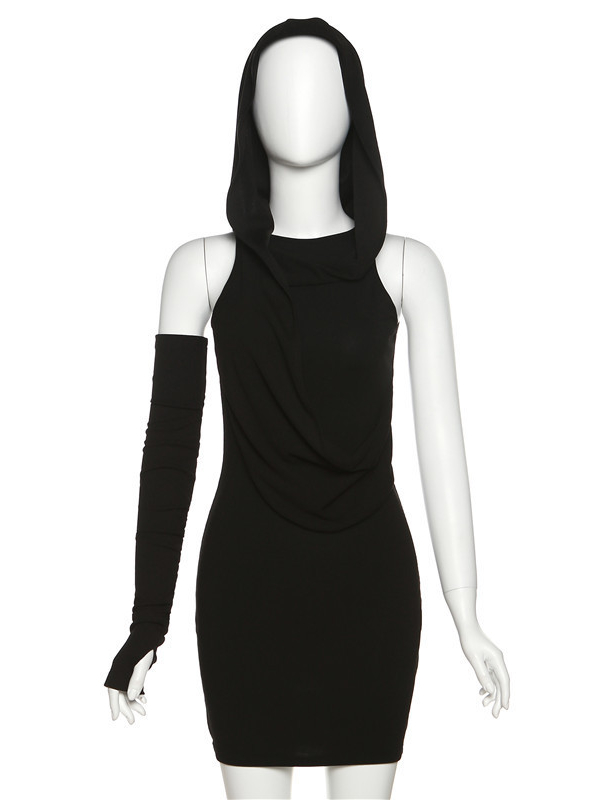 Punk Hood Sleeveless Solid Pattern Bodycon Dress 