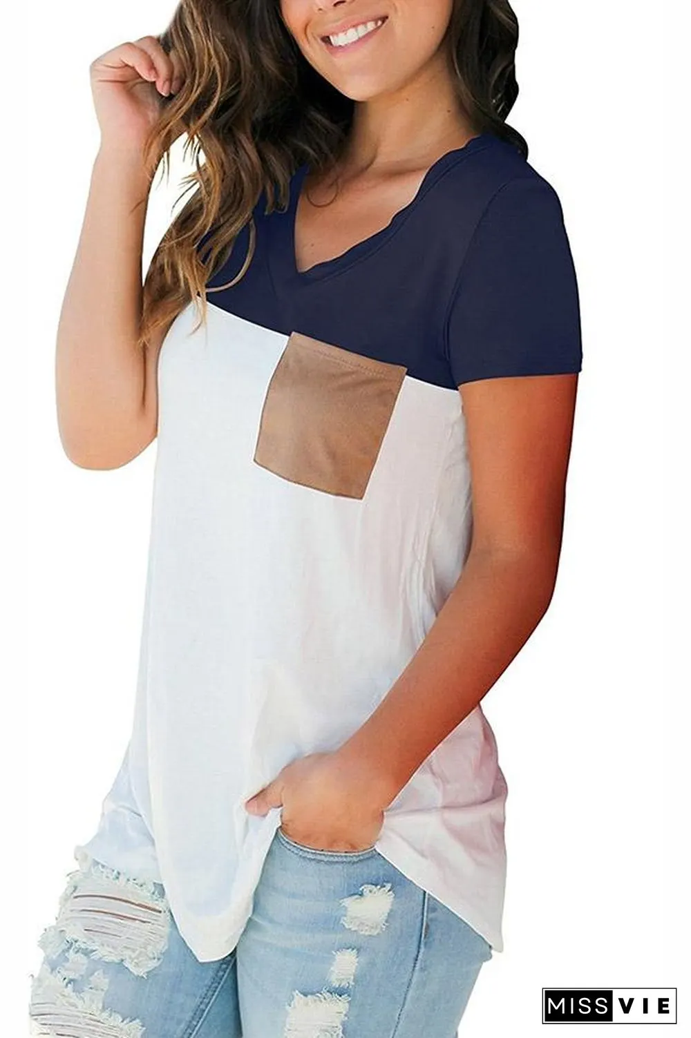 Mixed Color Pocket V Neck Top