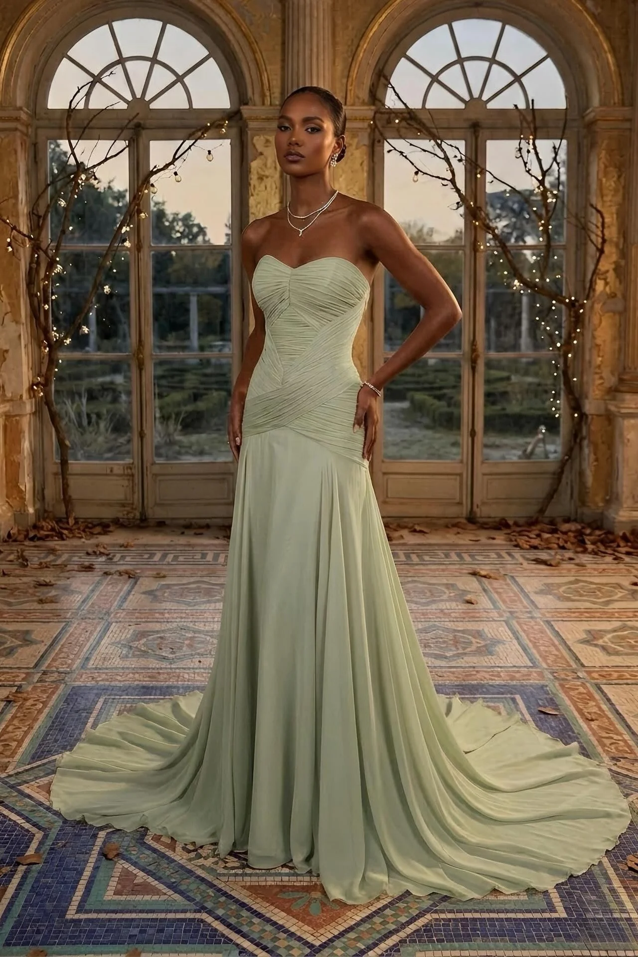 Lussooy Dusty Sage Sweetheart Elegant Evening Dress in Chiffon with Pleated