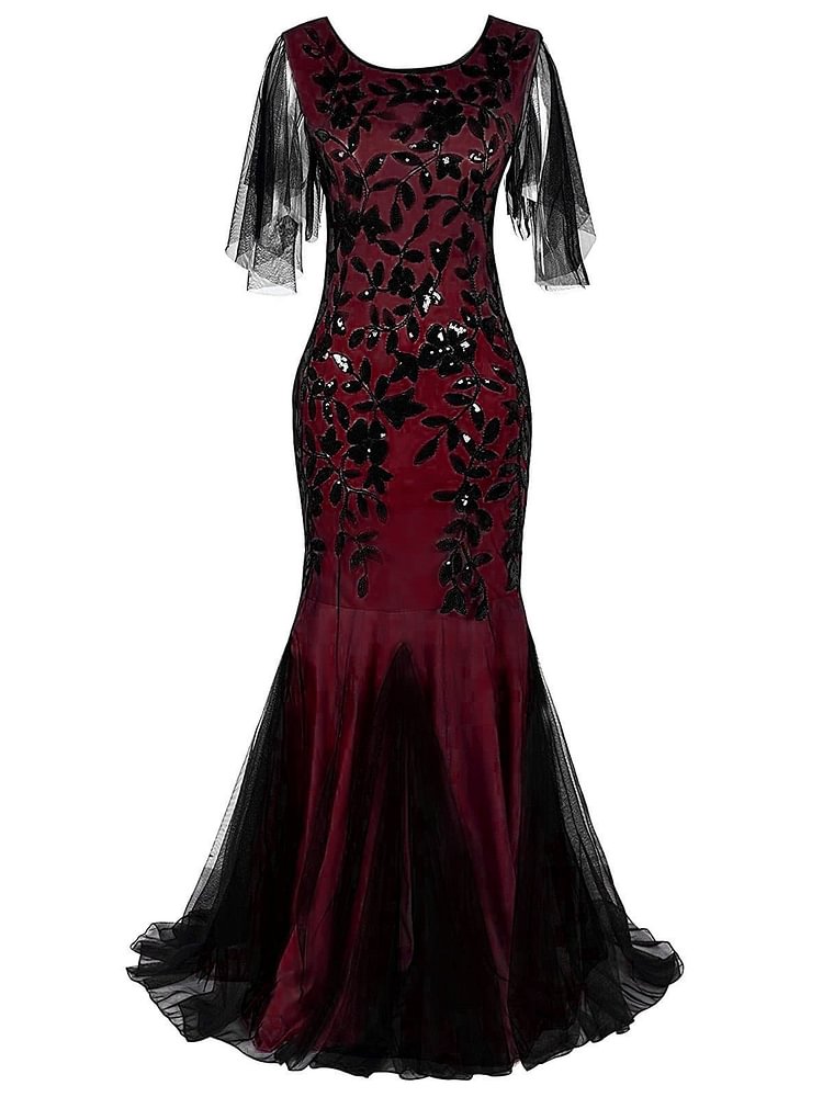 Wine Red 1920s Sequin Maxi Gowns Dress SP16938