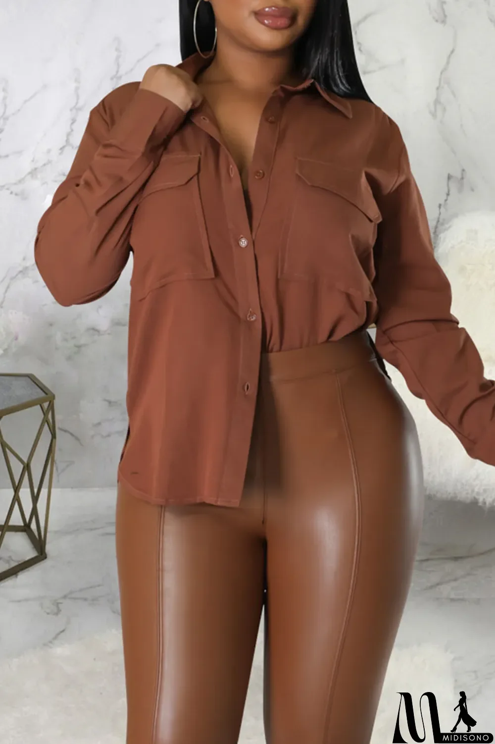 MidiSono - Brown Casual Solid Patchwork Buckle Turndown Collar Tops