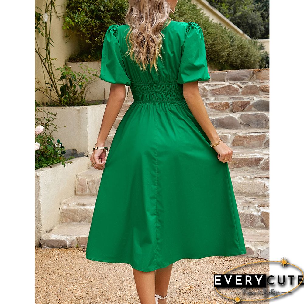 Green Solid V Neck Pleated Waist Midi Dress