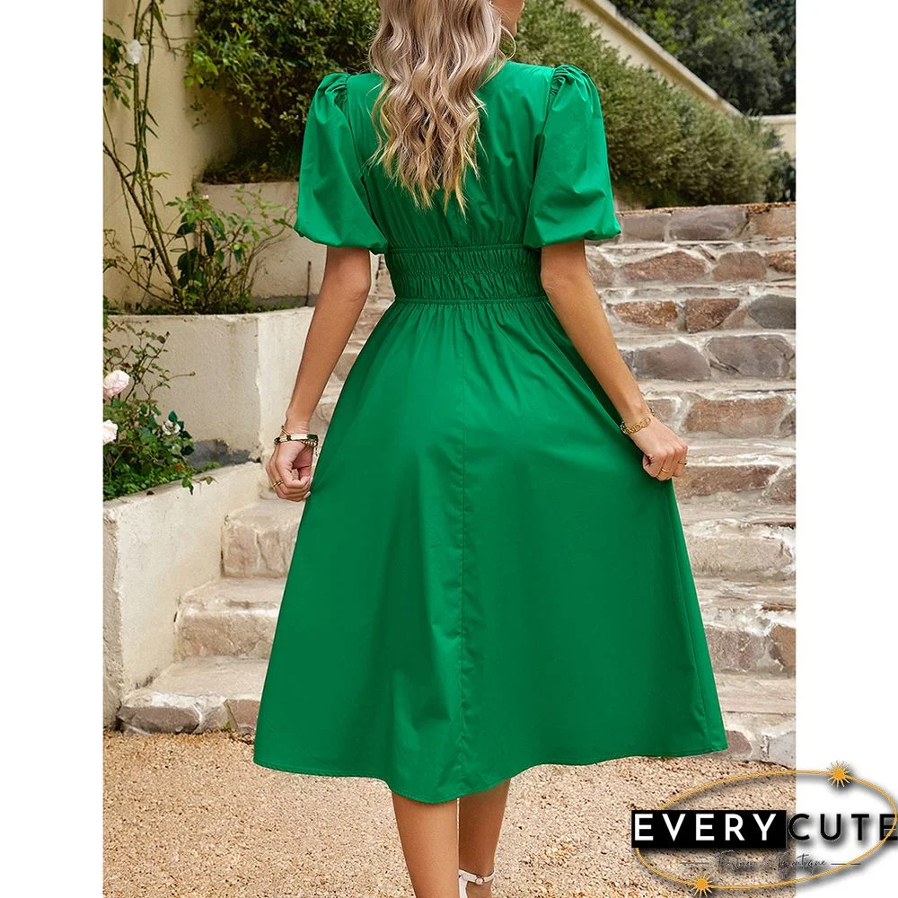 Green Solid V Neck Pleated Waist Midi Dress
