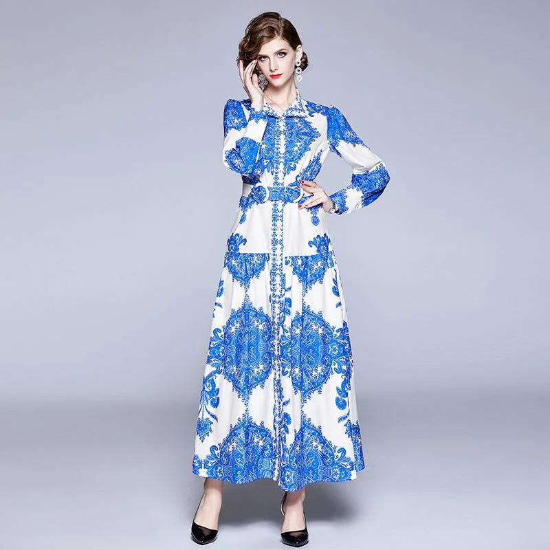 Women's retro printed long-sleeved big dress