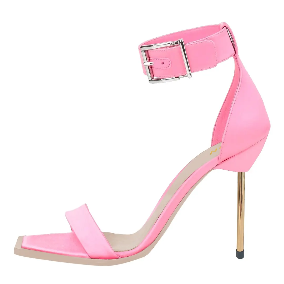 Pink Square Toe Ankle Strap Stiletto High Heels Sandals with Buckle