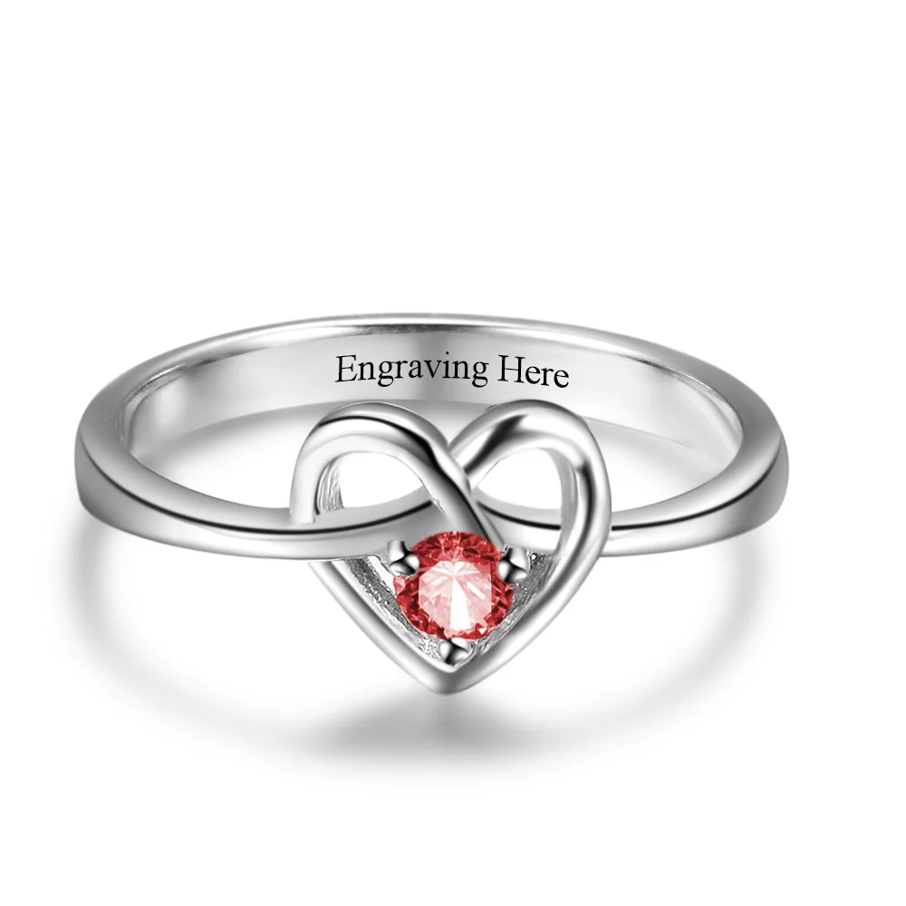 Personalisierter herzförmiger Ring mit 1 Geburtstagsstein und 1 Text