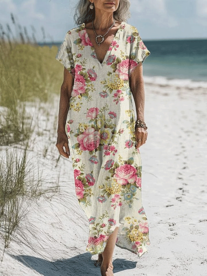 Women's Flowers Art Print Pocket Cotton Dress