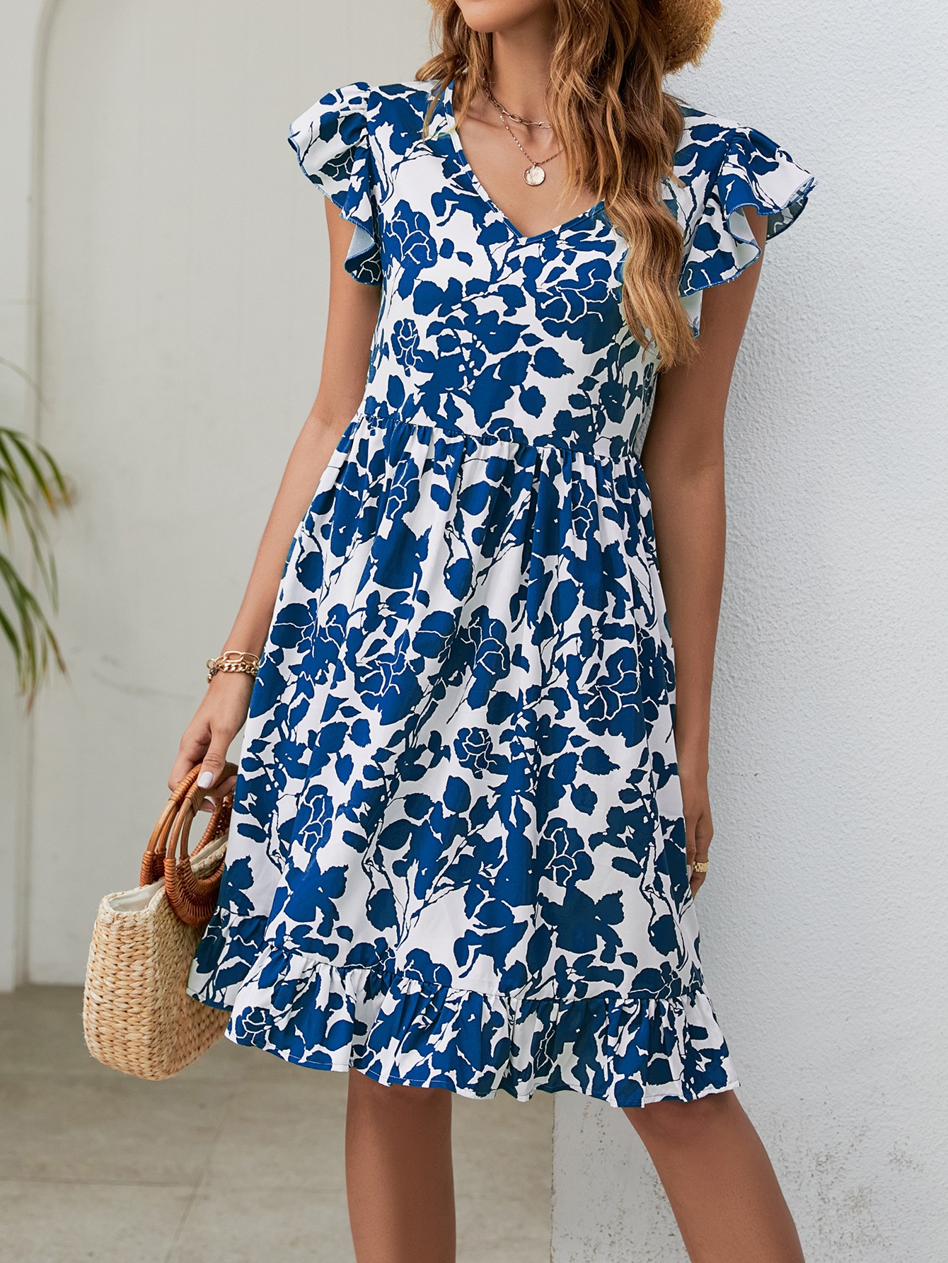 Mature Women Summer V-neck Ruffled Sleeveless A-Line Casual Beach Dress