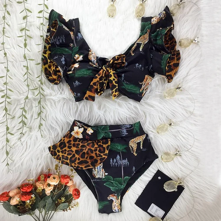 Vioye Ruffle Lace Up Leopard Print Bikini Swimsuit