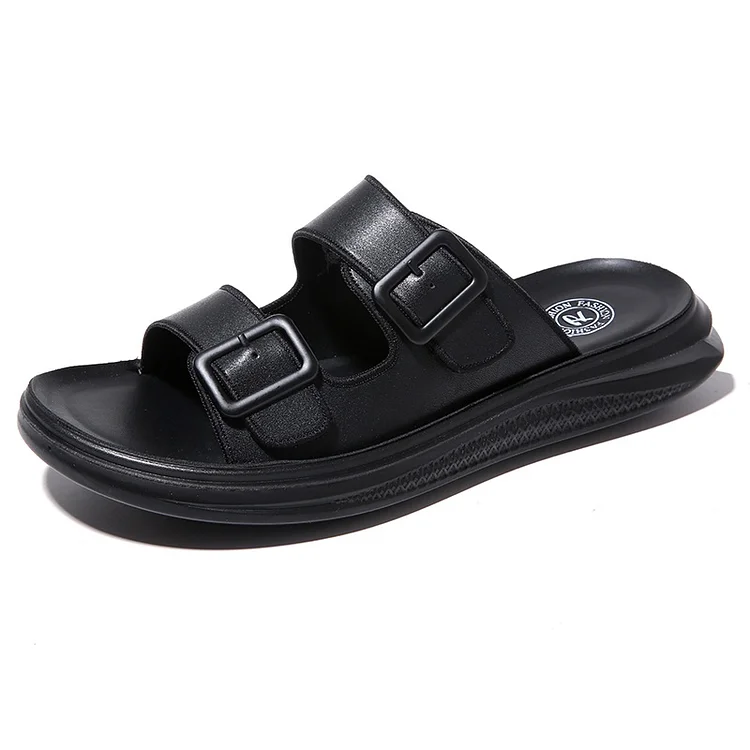 Kakacloud Men Leather Slippers Men Flip-flops Leather Slippers Casual Beach Summer Shoe Men Flat Non-Slip Comfortable Classic Black Slides