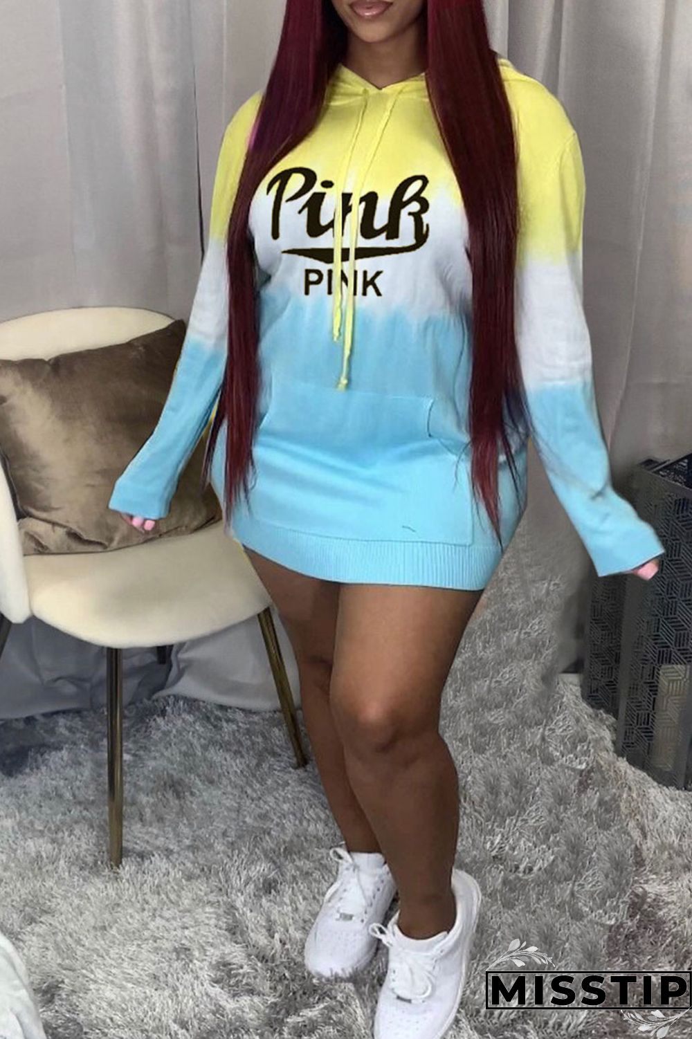 Pink Yellow Casual Print Patchwork Hooded Collar T-shirt Dress Dresses