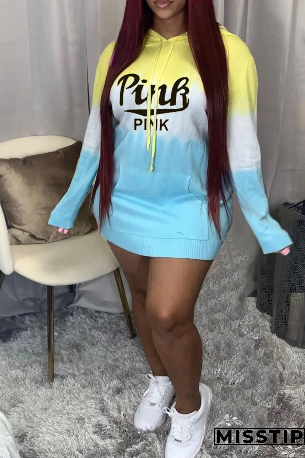 Pink Yellow Casual Print Patchwork Hooded Collar T-shirt Dress Dresses