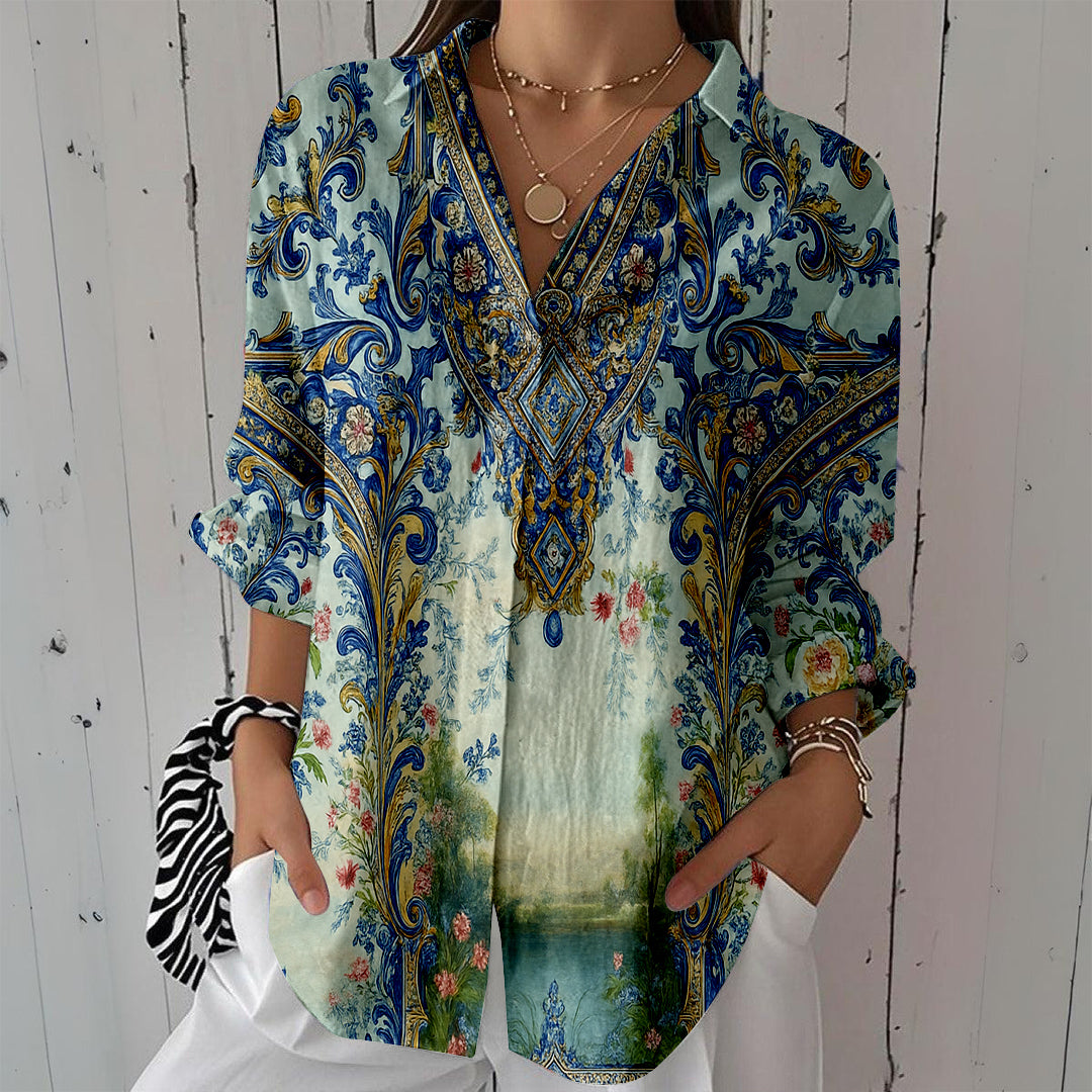 Women Long Sleeve V-neck Graphic Floral Printed Top