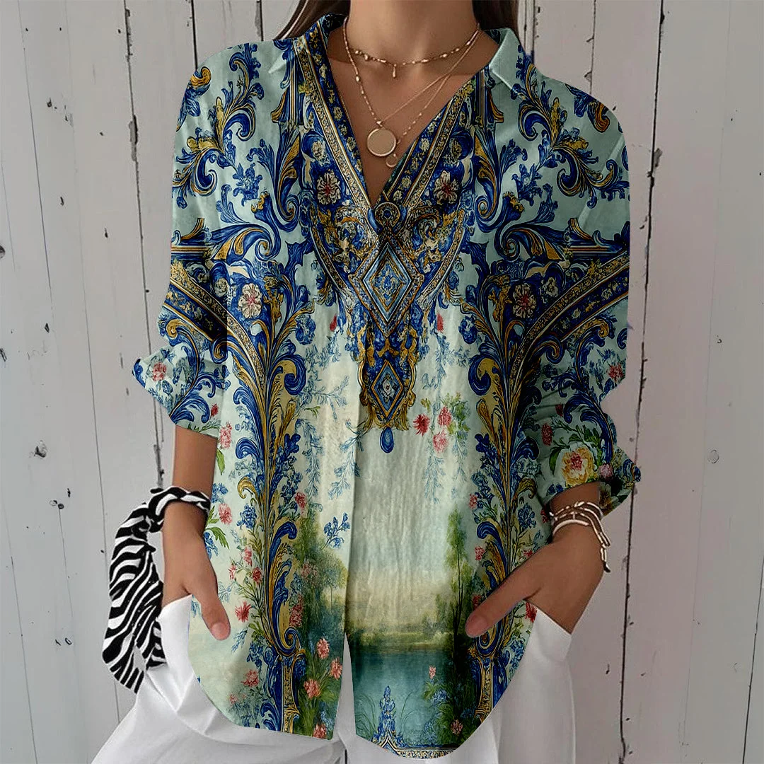 Style & Comfort for Mature Women Women Retro, Paisley, Blue DZCL0176 3/4 Sleeve Shirt Collar Printed Button Tops