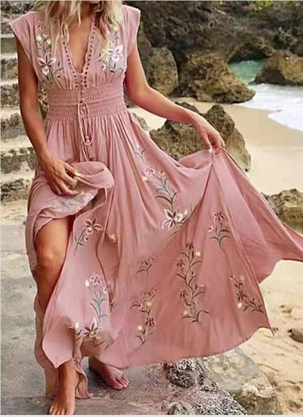 Women's V-neck French Beach Bohemian Print Dress