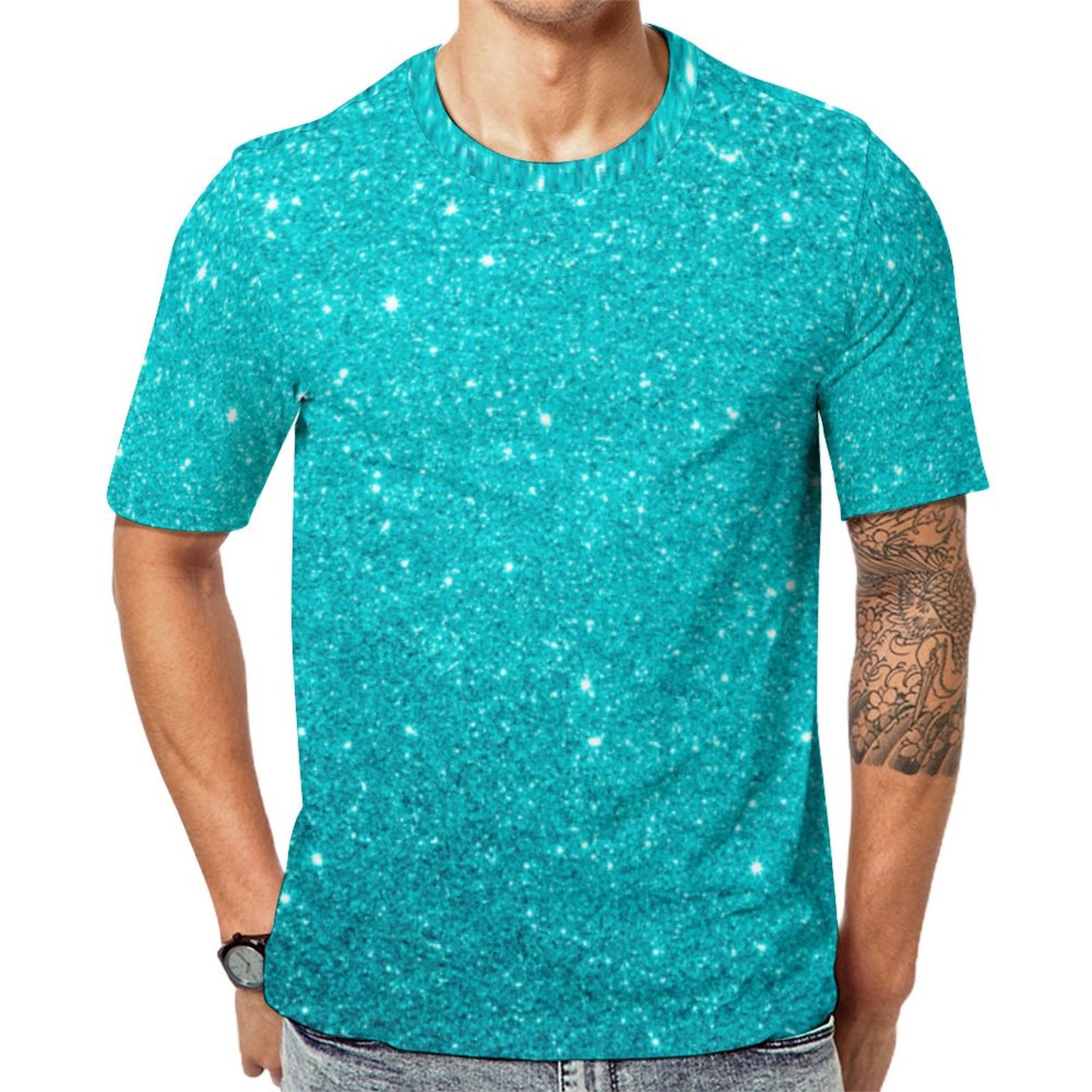 Teal Blue Sparkling Glitter Glam Short Sleeve Print Unisex Tshirt Summer Casual Tees for Men and Women Coolcoshirts