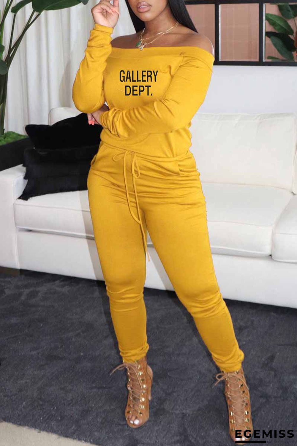 Yellow Casual Print Letter Off the Shoulder Jumpsuits | EGEMISS