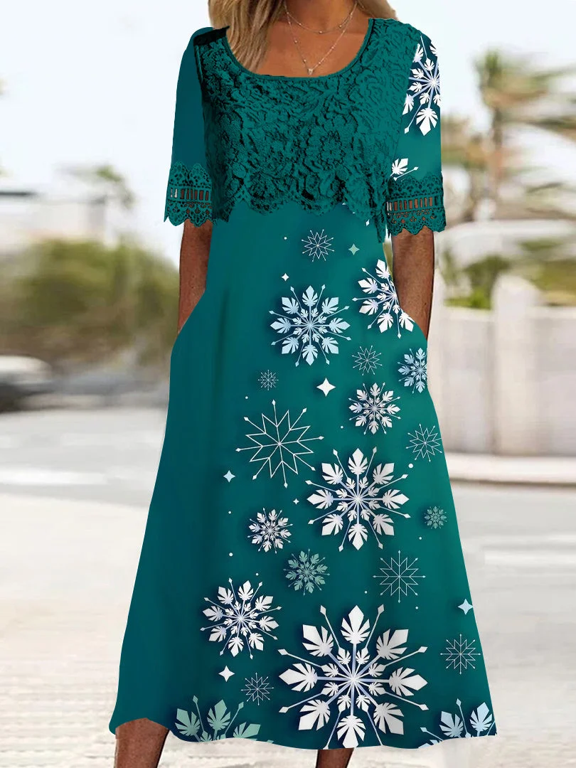 Women's Half Sleeve Scoop Neck Graphic Printed Lace Stitching Midi Dress