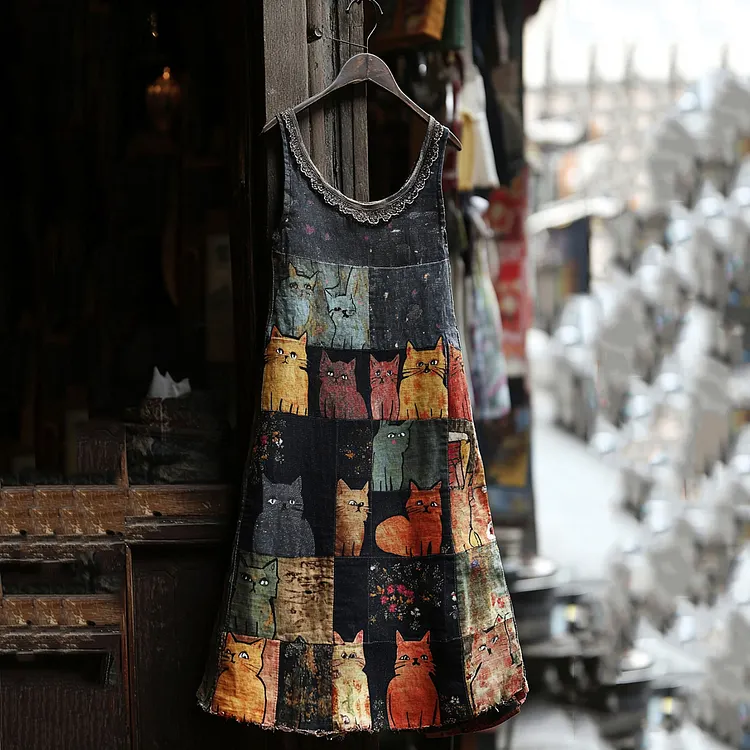 Casual Pop Art Patchwork Denim Cat Dress