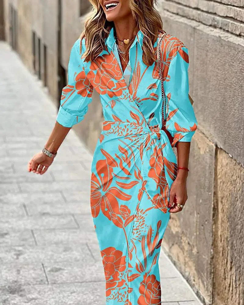 Printed long-sleeve lace-up dress
